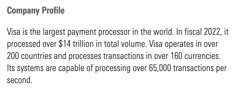 Company profile from Morningstar on Visa
